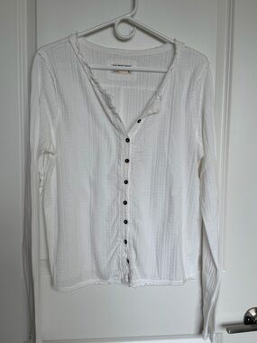 We The Free White Pointelle Button-Front Long Sleeve Top
